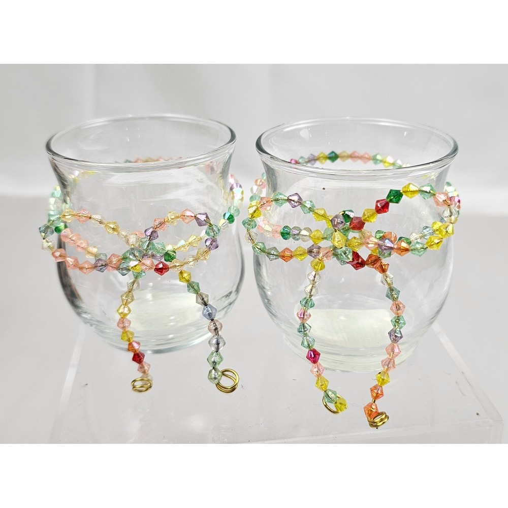 Anchor Hocking Clear Glass Votive Candle Holders Beaded Bow Set of 2 88638 USA